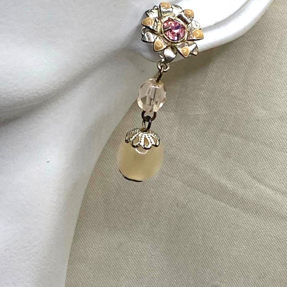 Vintage Mid-Century Pink Rhinestone 3D Flower Lucite Dangle Pierced Earrings